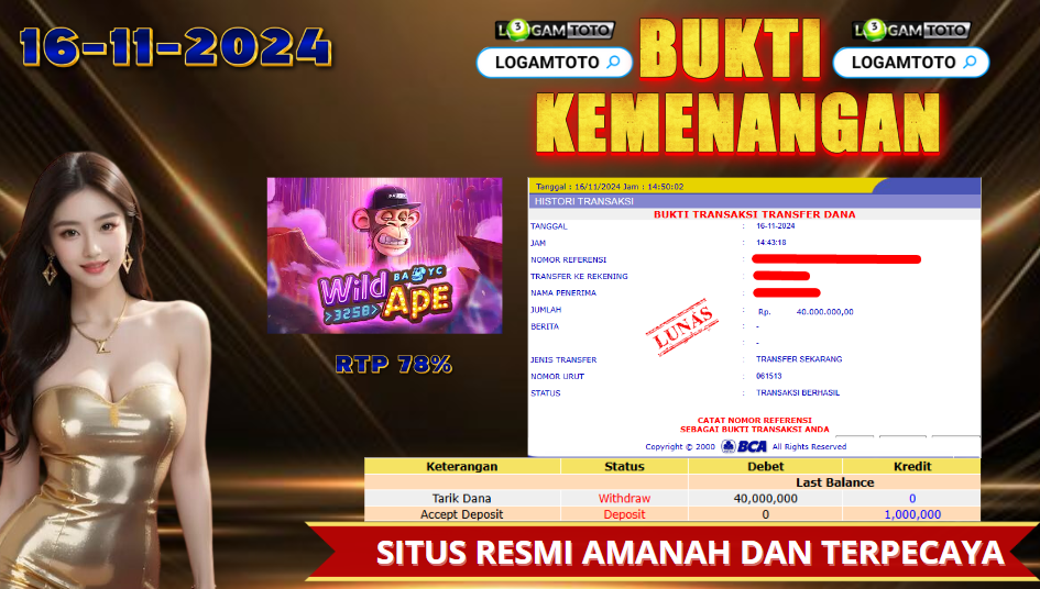 SELAMAT KEPADA MEMBER SETIA LOGAMTOTO BERHASIL JACKPOT DI PERMAINAN SLOT PG SOFT WILD APE 